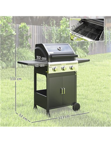Outsunny 7.5kW Three-Burner Gas BBQ Grill, with See-Through Lid - Black