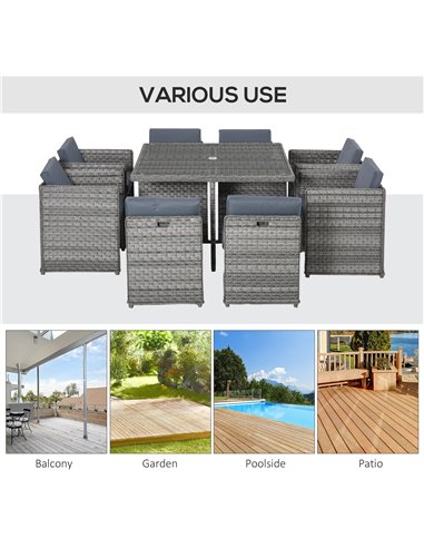 Outsunny 9 Pieces PE Rattan Cube Garden Furniture Set with Umbrella Hole, Mixed Grey