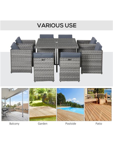 Outsunny 9 Pieces PE Rattan Cube Garden Furniture Set with Umbrella Hole, Mixed Grey - pic 15549 | FastDaddyshop