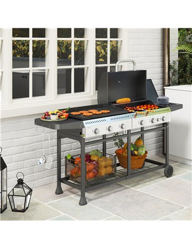 Outsunny Deluxe Duo Gas BBQ, with Grill, Plancha and Side Burner - Black