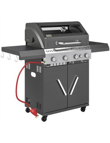 Outsunny 4+1 Burner Gas BBQ Grill with Clear View Lid, Portable Gas Barbecue Grill with Built-in Thermometer, Side Table, Cabine
