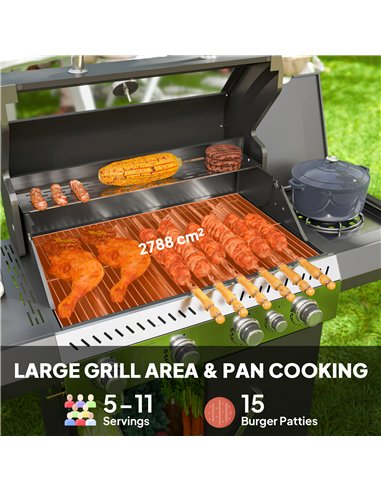 Outsunny 4+1 Burner Gas BBQ Grill with Clear View Lid, Portable Gas Barbecue Grill with Built-in Thermometer, Side Table, Cabine