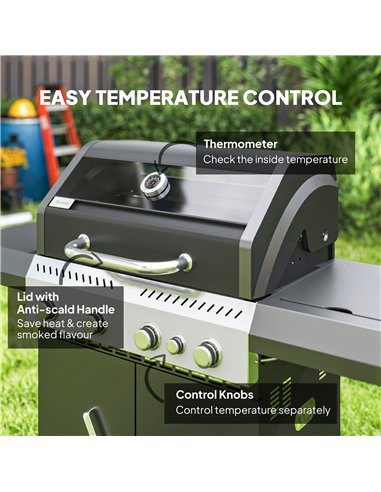 Outsunny 4+1 Burner Gas BBQ Grill with Clear View Lid, Portable Gas Barbecue Grill with Built-in Thermometer, Side Table, Cabine