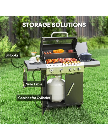 Outsunny 4+1 Burner Gas BBQ Grill with Clear View Lid, Portable Gas Barbecue Grill with Built-in Thermometer, Side Table, Cabine - pic 155505 | FastDaddyshop