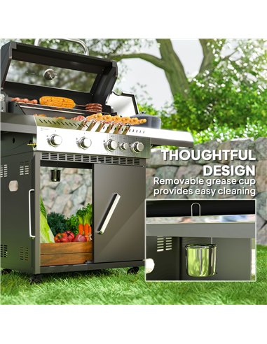 Outsunny 4+1 Burner Gas BBQ Grill with Clear View Lid, Portable Gas Barbecue Grill with Built-in Thermometer, Side Table, Cabine