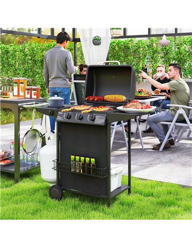 Outsunny 3+1 Burner Gas BBQ Grill, Portable Gas Barbecue Grill with Built-in Thermometer, Lid, Side Table, Shelf, Spice Rack, Wh
