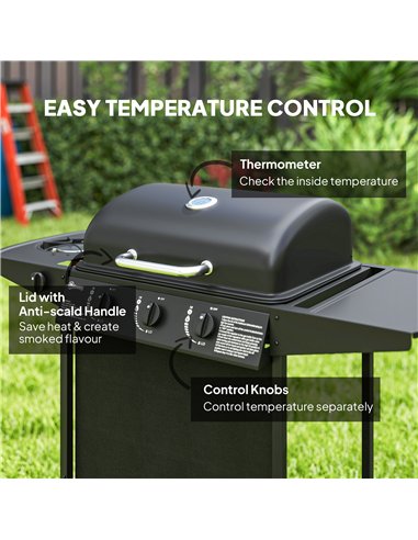 Outsunny 3+1 Burner Gas BBQ Grill, Portable Gas Barbecue Grill with Built-in Thermometer, Lid, Side Table, Shelf, Spice Rack, Wh