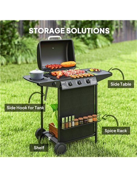 Outsunny 3+1 Burner Gas BBQ Grill, Portable Gas Barbecue Grill with Built-in Thermometer, Lid, Side Table, Shelf, Spice Rack, Wh - pic 155513 | FastDaddyshop