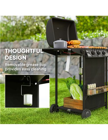 Outsunny 3+1 Burner Gas BBQ Grill, Portable Gas Barbecue Grill with Built-in Thermometer, Lid, Side Table, Shelf, Spice Rack, Wh