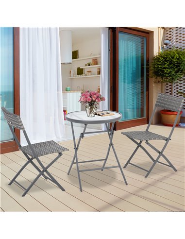 Outsunny 3 Pieces Outdoor PE Rattan Bistro Set with Glass Top Table and Chairs, Grey