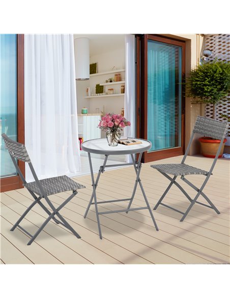 Outsunny 3 Pieces Outdoor PE Rattan Bistro Set with Glass Top Table and Chairs, Grey - pic 15552 | FastDaddyshop