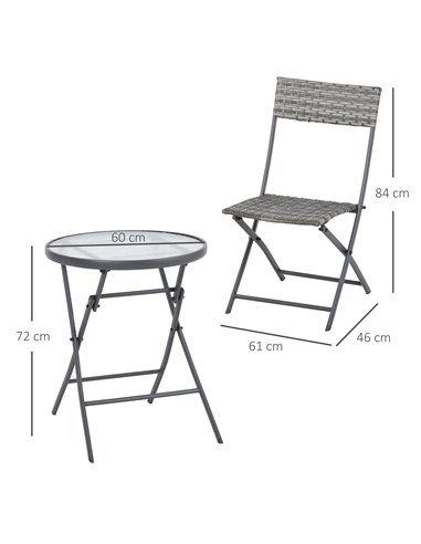 Outsunny 3 Pieces Outdoor PE Rattan Bistro Set with Glass Top Table and Chairs, Grey