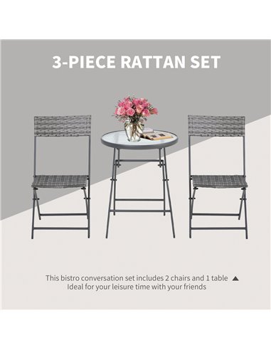 Outsunny 3 Pieces Outdoor PE Rattan Bistro Set with Glass Top Table and Chairs, Grey