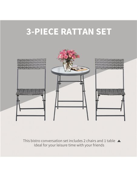 Outsunny 3 Pieces Outdoor PE Rattan Bistro Set with Glass Top Table and Chairs, Grey - pic 15554 | FastDaddyshop