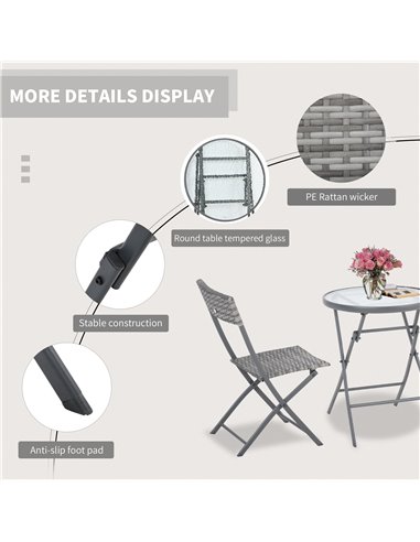 Outsunny 3 Pieces Outdoor PE Rattan Bistro Set with Glass Top Table and Chairs, Grey