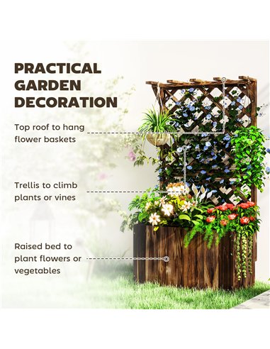 Outsunny Wooden Planter with Trellis, Freestanding Raised Garden Bed with Drainage Holes, Outdoor Planter Box with Liner for Veg