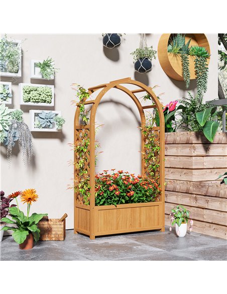 Outsunny Wooden Raised Garden Bed with Trellis, Liner, Drainage Holes, for Vine Climbing Plants, Flowers, 83 x 36 x 145 cm - pic 155587 | FastDaddyshop