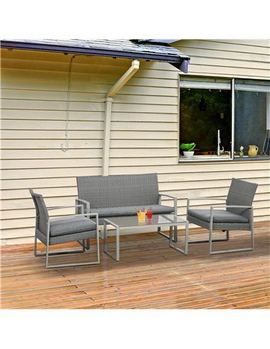 Outsunny 4 PCs PE Rattan Wicker Sofa Set with Coffee Table, Cushion, Grey
