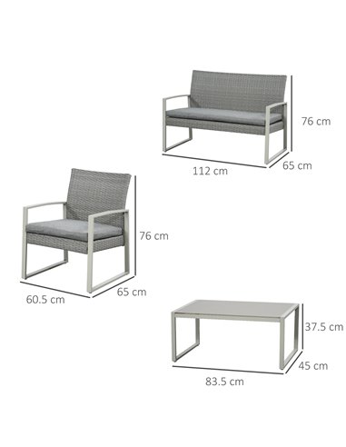 Outsunny 4 PCs PE Rattan Wicker Sofa Set with Coffee Table, Cushion, Grey