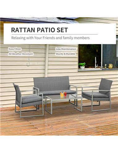 Outsunny 4 PCs PE Rattan Wicker Sofa Set with Coffee Table, Cushion, Grey