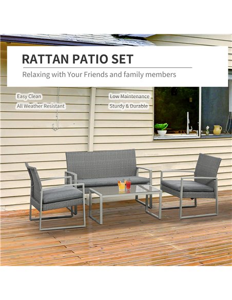 Outsunny 4 PCs PE Rattan Wicker Sofa Set with Coffee Table, Cushion, Grey - pic 15562 | FastDaddyshop