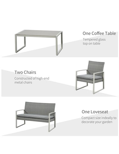 Outsunny 4 PCs PE Rattan Wicker Sofa Set with Coffee Table, Cushion, Grey