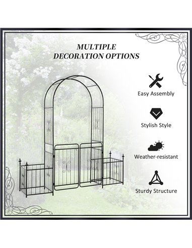 Outsunny Metal Garden Arbor Arch with Double Doors, 2 Side Planter Baskets, Climbing Vine Frame, Black