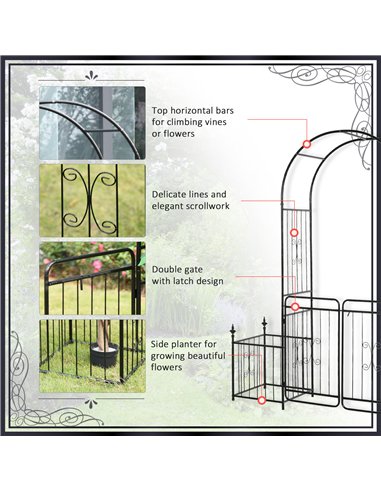 Outsunny Metal Garden Arbor Arch with Double Doors, 2 Side Planter Baskets, Climbing Vine Frame, Black