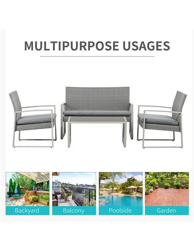 Outsunny 4 PCs PE Rattan Wicker Sofa Set with Coffee Table, Cushion, Grey