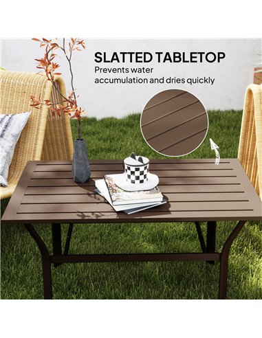 Outsunny Metal Garden Coffee Table, Rectangular Outdoor Side Table with Slatted Tabletop, Foot Pads for Outside, Garden, Balcony