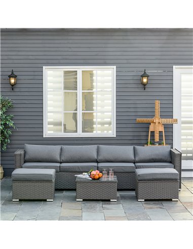 Outsunny 5 PCs PE Rattan Corner Sofa Set with Tea Table, Footstool, Cushion, Grey