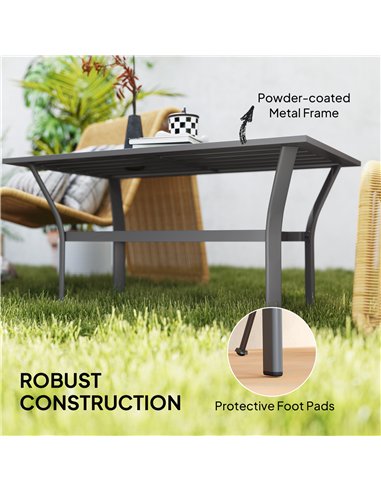 Outsunny Metal Garden Coffee Table, Rectangular Outdoor Side Table with Slatted Tabletop, Foot Pads for Outside, Garden, Balcony