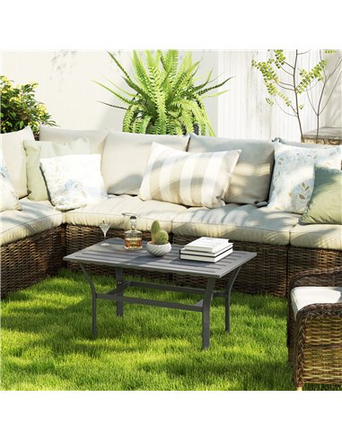 Outsunny Metal Garden Coffee Table, Rectangular Outdoor Side Table with Slatted Tabletop, Foot Pads for Outside, Garden, Balcony