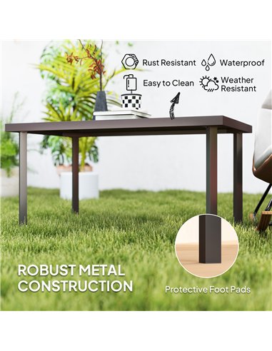 Outsunny Metal Garden Coffee Table, Rectangular Outdoor Side Table with Woodgrain Tabletop, Foot Pads for Outside, Garden, Balco