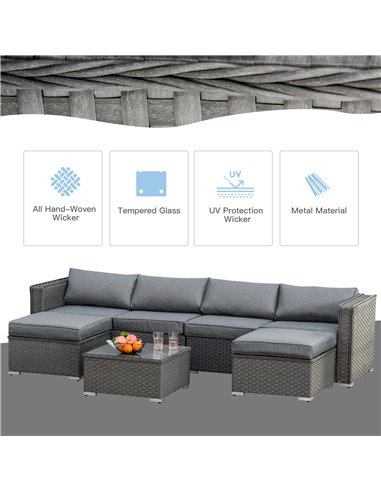 Outsunny 6-Seater PE Rattan Garden Corner Sofa Set Outdoor Wicker Conservatory Furniture Patio Tea Table Footstool, Grey