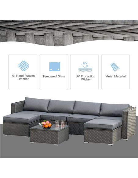 Outsunny 6-Seater PE Rattan Garden Corner Sofa Set Outdoor Wicker Conservatory Furniture Patio Tea Table Footstool, Grey - pic 15570 | FastDaddyshop