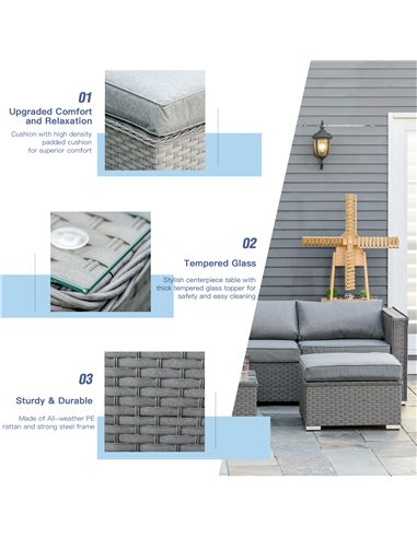 Outsunny 6-Seater PE Rattan Garden Corner Sofa Set Outdoor Wicker Conservatory Furniture Patio Tea Table Footstool, Grey