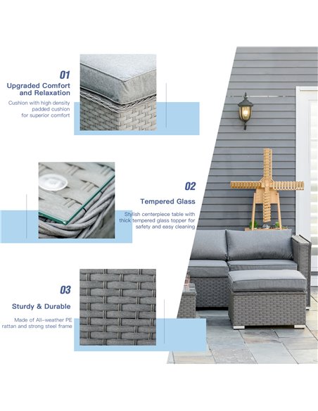 Outsunny 6-Seater PE Rattan Garden Corner Sofa Set Outdoor Wicker Conservatory Furniture Patio Tea Table Footstool, Grey - pic 15572 | FastDaddyshop