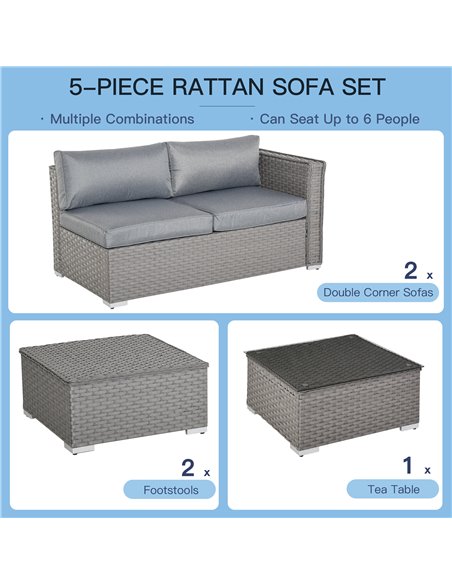 Outsunny 6-Seater PE Rattan Garden Corner Sofa Set Outdoor Wicker Conservatory Furniture Patio Tea Table Footstool, Grey - pic 15573 | FastDaddyshop