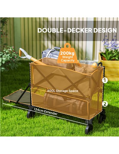 Outsunny Double Decker Folding Trolley on Wheels, 200KG & 350L Capacity Collapsible Wagon Festival Trolley Cart with 134cm Exten
