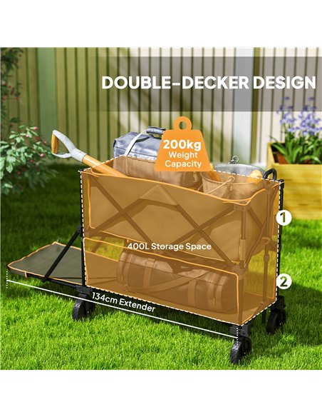 Outsunny Double Decker Folding Trolley on Wheels, 200KG & 350L Capacity Collapsible Wagon Festival Trolley Cart with 134cm Exten - pic 155754 | FastDaddyshop