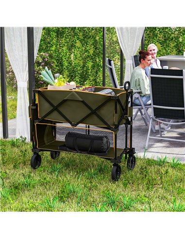 Outsunny Double Decker Folding Trolley on Wheels, 200KG & 350L Capacity Collapsible Wagon Festival Trolley Cart with 134cm Exten