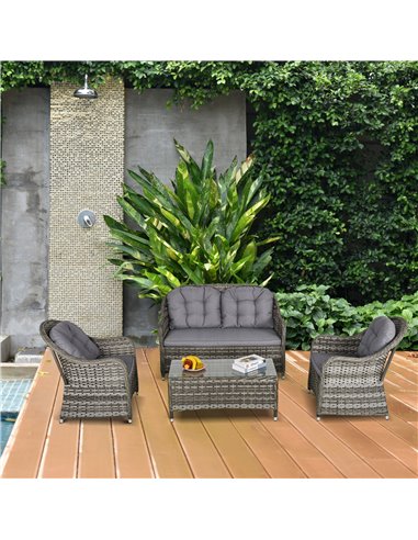 Outsunny 4 Pieces Outdoor PE Rattan Garden Furniture with Cushions, Glass Top Coffee Table, Grey