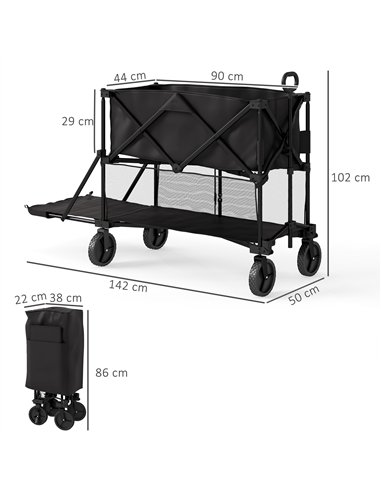 Outsunny Double Decker Folding Trolley on Wheels, 200KG & 350L Capacity Collapsible Wagon Festival Trolley Cart with 134cm Exten