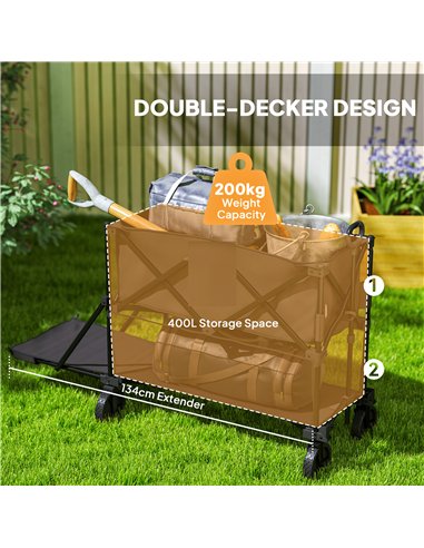 Outsunny Double Decker Folding Trolley on Wheels, 200KG & 350L Capacity Collapsible Wagon Festival Trolley Cart with 134cm Exten