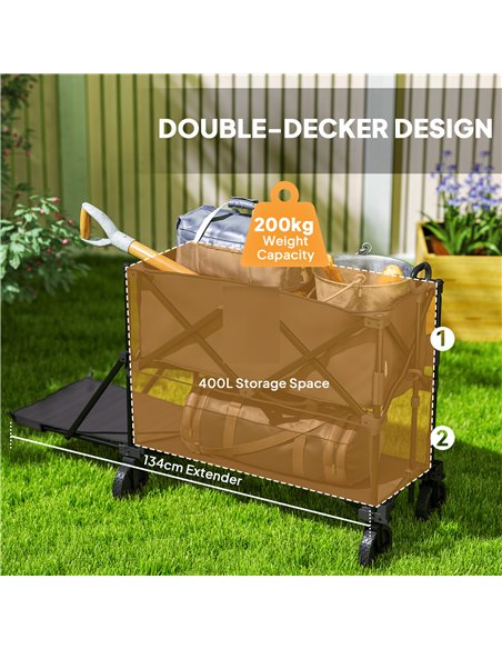 Outsunny Double Decker Folding Trolley on Wheels, 200KG & 350L Capacity Collapsible Wagon Festival Trolley Cart with 134cm Exten - pic 155763 | FastDaddyshop