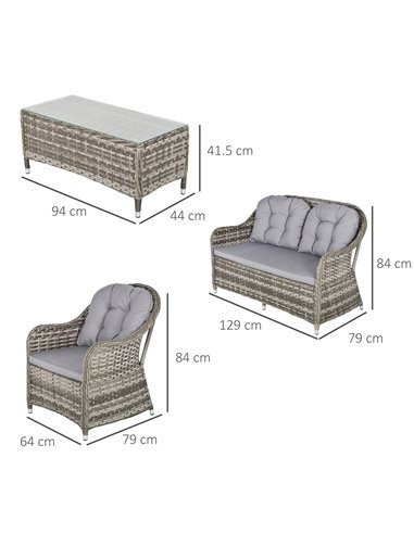 Outsunny 4 Pieces Outdoor PE Rattan Garden Furniture with Cushions, Glass Top Coffee Table, Grey
