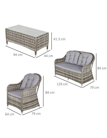 Outsunny 4 Pieces Outdoor PE Rattan Garden Furniture with Cushions, Glass Top Coffee Table, Grey - pic 15577 | FastDaddyshop
