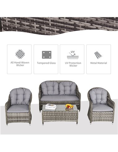 Outsunny 4-Seater PE Rattan Wicker Sofa Set Outdoor Conservatory Furniture Lawn Patio Coffee Table w/ Cushion - Grey
