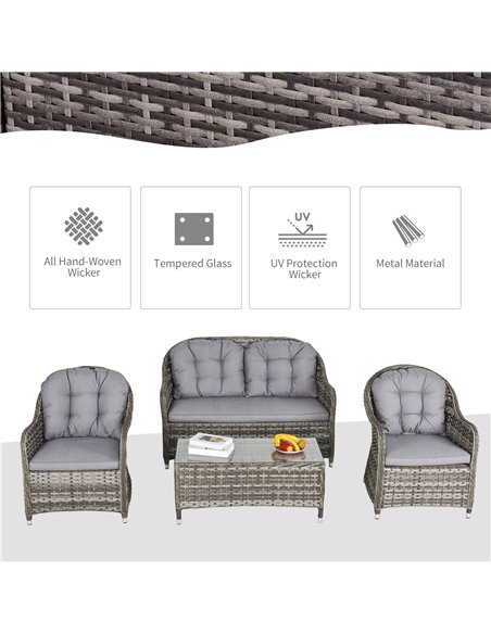 Outsunny 4-Seater PE Rattan Wicker Sofa Set Outdoor Conservatory Furniture Lawn Patio Coffee Table w/ Cushion - Grey - pic 15578 | FastDaddyshop